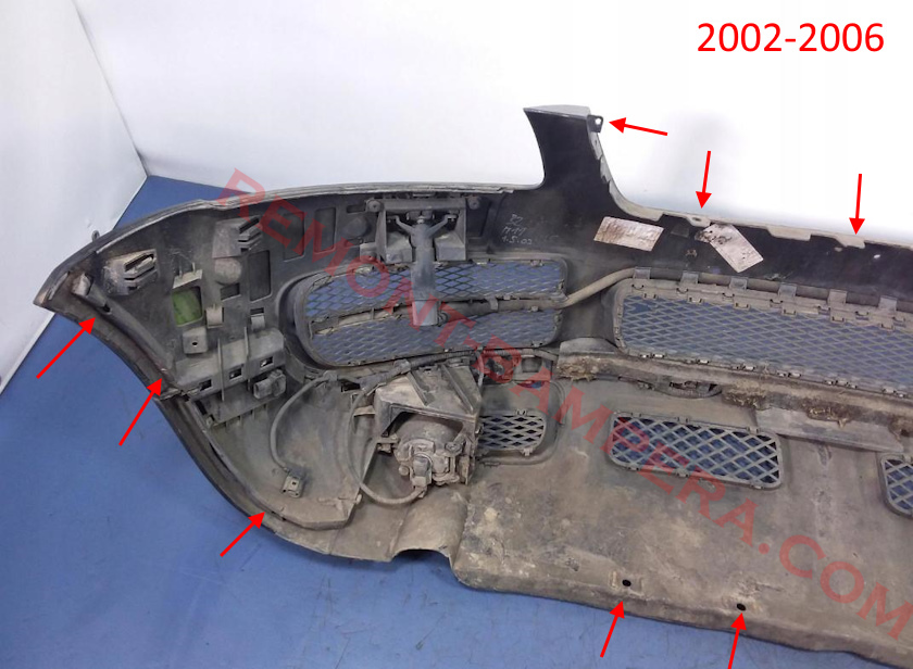 Posizioni di montaggio del paraurti anteriore Volkswagen Touareg Mk1 2002-2006
