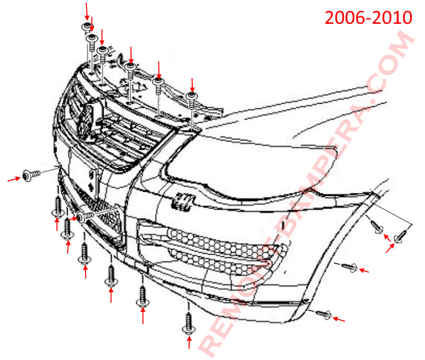 Schema di montaggio del paraurti anteriore Volkswagen Touareg Mk1 2006-2010