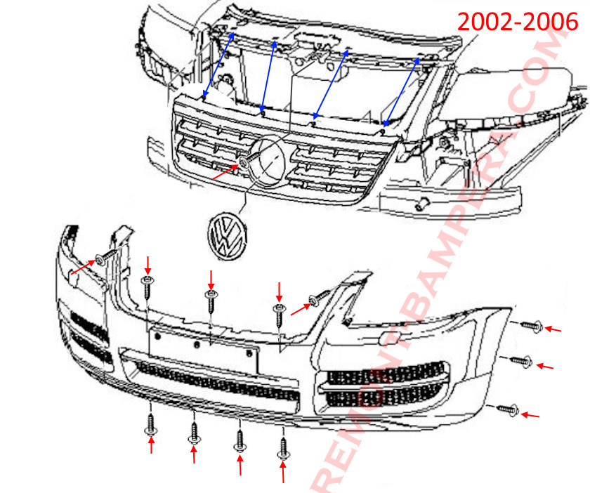 Schema di montaggio del paraurti anteriore Volkswagen Touareg Mk1 2002-2006