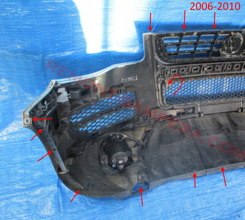 Posizioni di montaggio del paraurti anteriore Volkswagen Touareg Mk1 2006-2010
