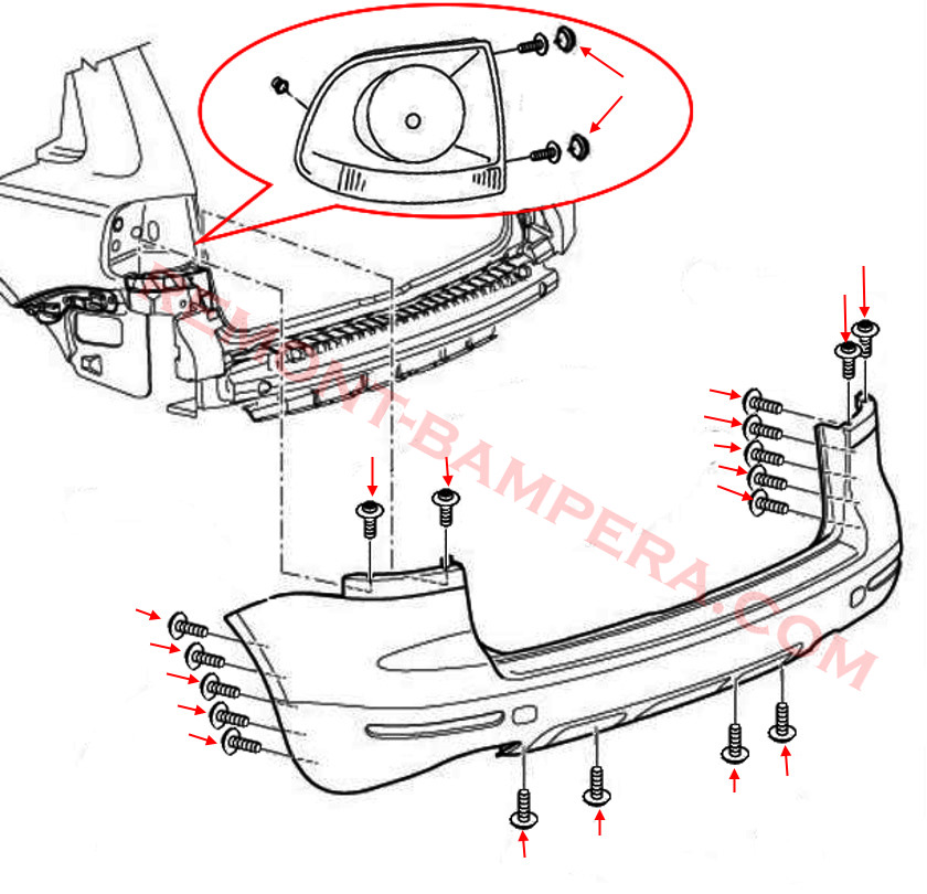 schema di montaggio del paraurti posteriore VW Touareg I 2002-2010
