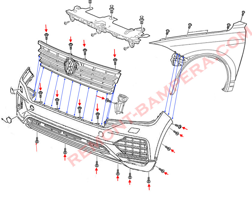 Montagediagramm für die vordere Stoßstange VW Touareg III 2018-2025