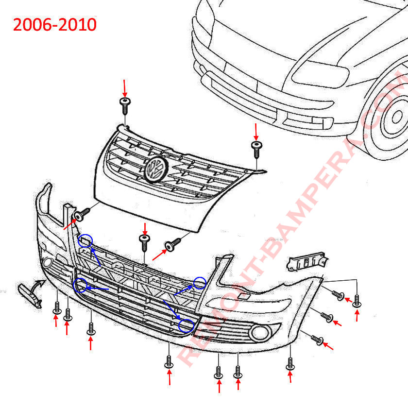 Схема крепления переднего бампера VW Touran 1 2006-2010