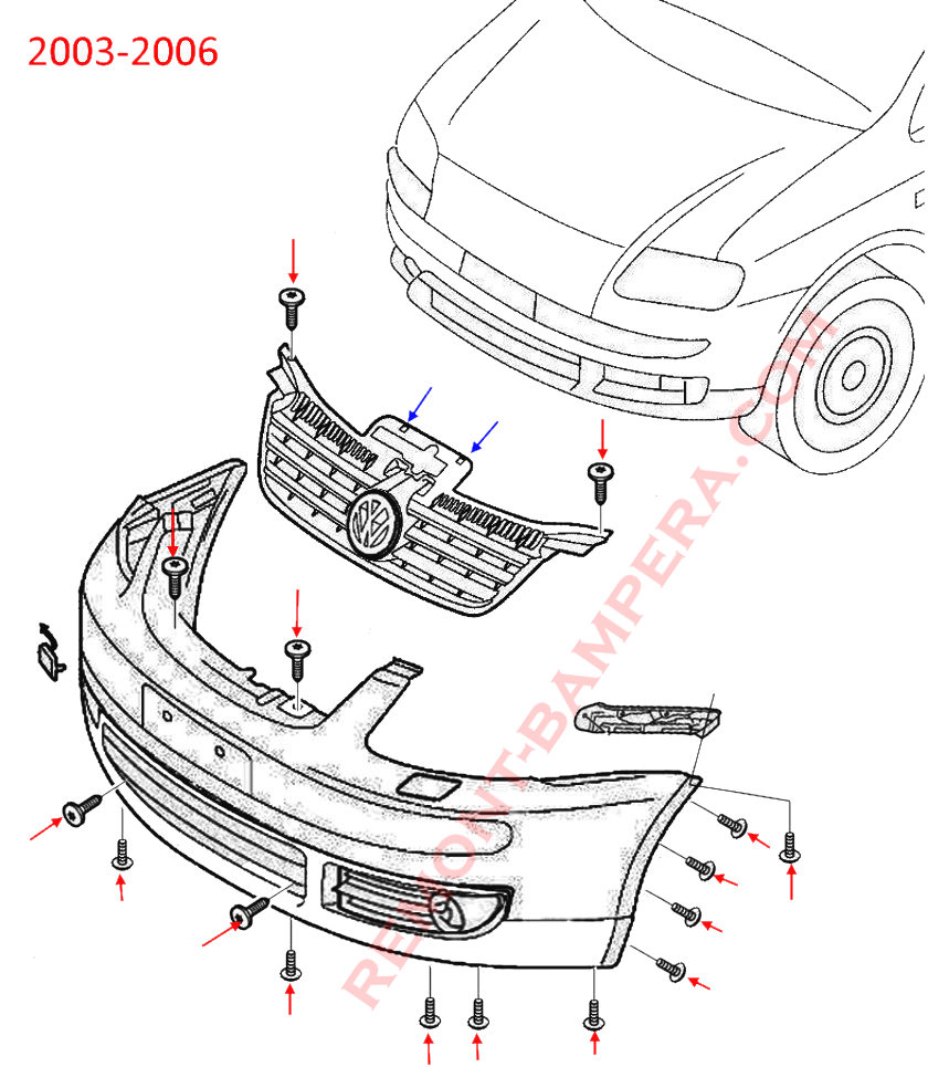 Схема крепления переднего бампера VW Touran 1 2003-2006