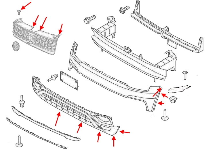 Schema di montaggio del paraurti anteriore VW Atlas / Teramont