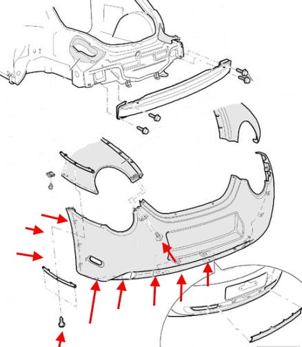 Montageplan der hinteren Stoßstange VW New Beetle (1997-2011)