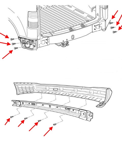 Schema montaggio paraurti posteriore VW Caddy (1995-2004)