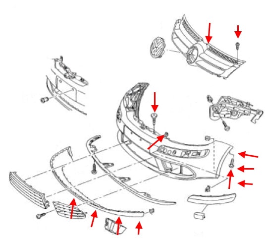 Schema di montaggio del paraurti anteriore VW Golf Plus (2005-2014)