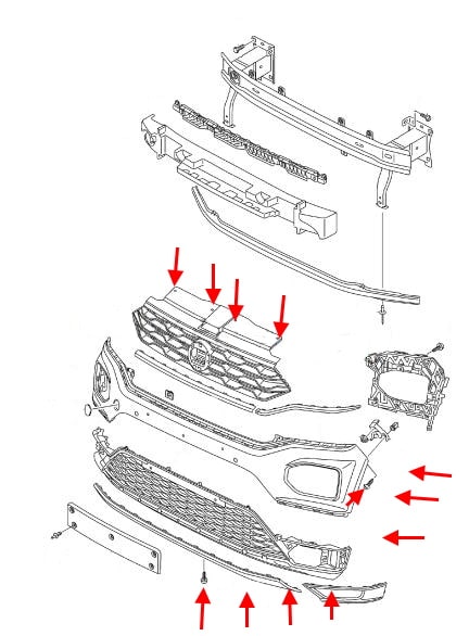 Schema fissaggio paraurti anteriore VW T-Roc 