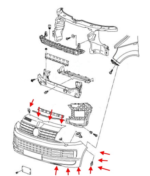 Schema montaggio paraurti anteriore VW T6 Transporter, Caravelle, Multivan