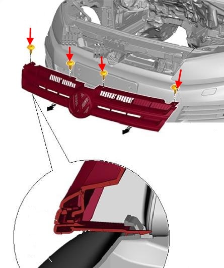 Schema di montaggio della griglia del radiatore VW Touareg II (2010-2018)