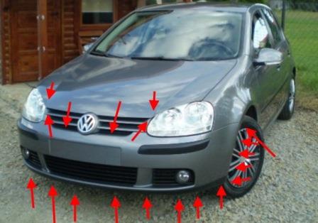 Befestigungspunkte der vorderen Stoßstange VW Golf 5