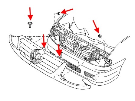 schema di fissaggio della griglia del radiatore VW POLO (fino al 2001) 